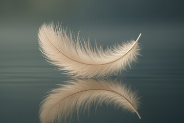 Obraz premium Elegant feather captured with its perfect reflection, symbolizing lightness, peace, and natural beauty.