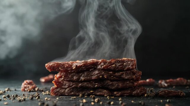 Stacked, smoked beef jerky with peppercorns on dark surface