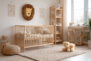 Light-filled nursery with wooden crib, lion wall decor, and soft textures