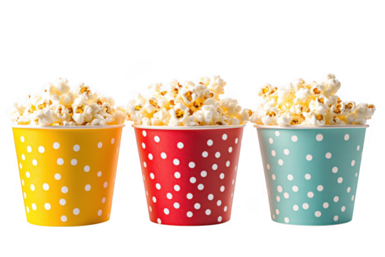 Three colorful polka dot cups filled with fluffy popcorn isolated on transparent background
