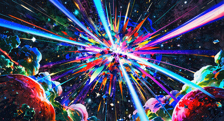 Dynamic and vibrant depiction of a cosmic explosion, bursting with an array of sharp, colorful light rays