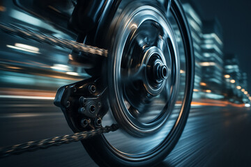 Fototapeta premium High-speed cycling: intricate bike gears against a backdrop of motion-blurred cityscape.