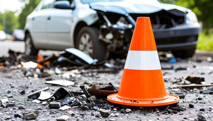 Accident scene with damaged car and traffic cone on the road for safety