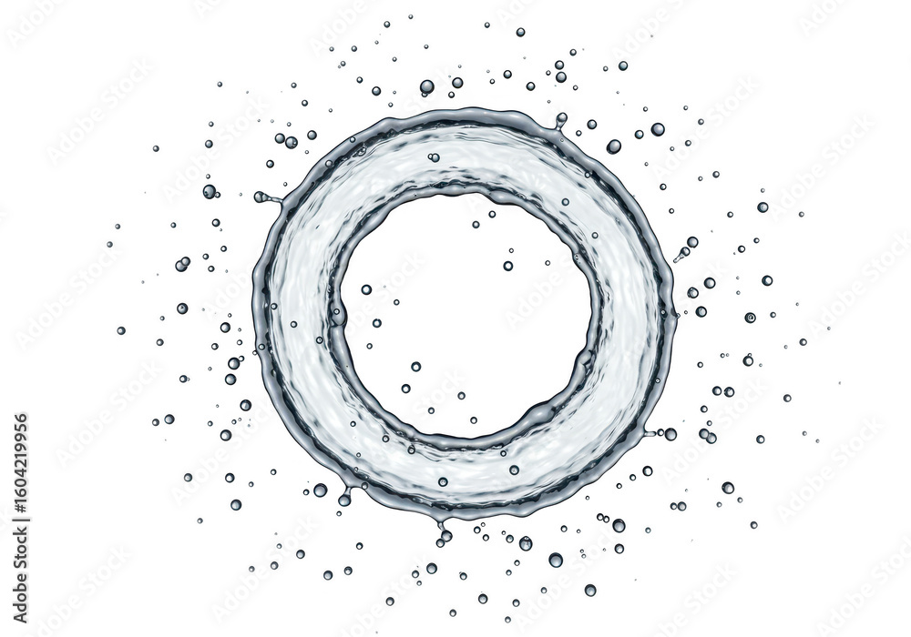 Poster a captivating water ring with splashing droplets is isolated on transparent background, creating a d
