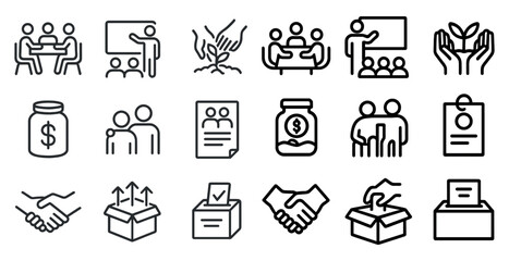 Teamwork and community outline icons set – collaboration, partnership symbols