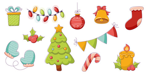 A set of Christmas elements in a cute doodle style, a hand-drawn clipart, a Christmas tree, a gift, a ball, and a garland