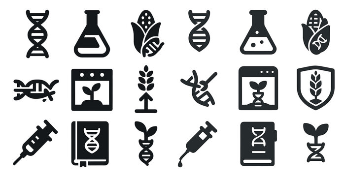 Biotechnology and science solid icons set – filled, dna and laboratory research symbols