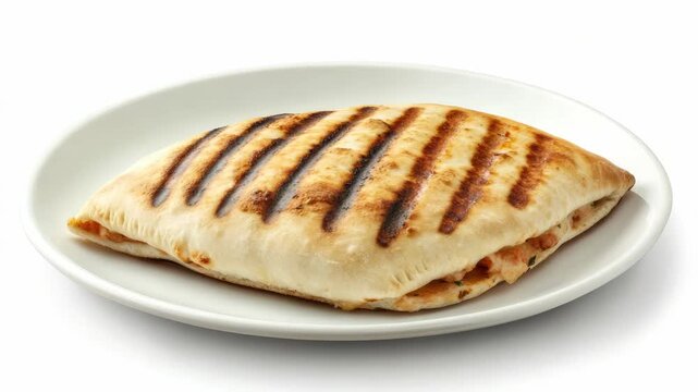 Grilled pita bread sandwich filled with savory ingredients on white plate