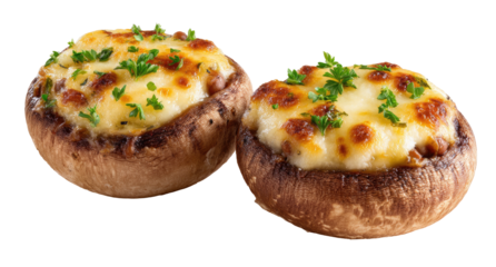Two baked stuffed mushrooms topped with melted cheese and parsley