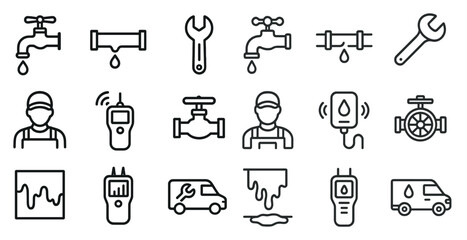 Fototapeta premium Plumbing and repair line icons set – tools, maintenance, water pipe symbols