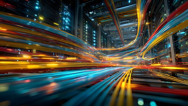 High-Tech Data Center Network with Fiery Sparks. A dynamic, futuristic view of a data center network.