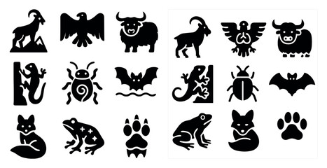 Fototapeta premium Wildlife silhouette icons set – animal, nature, solid and filled symbols