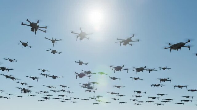 Numerous modern quadcopter drones flying in formation against a bright clear blue sky