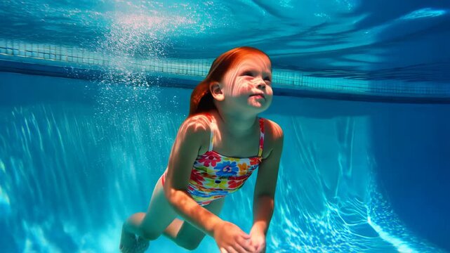 Child swimming underwater in a pool, gleefully exploring with natural buoyancy &ndash; youthful freedom and aquatic playfulness.