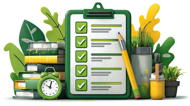 Business priorities green checkmarks, corporate task list graphic, success strategy concept, clean vector planning art