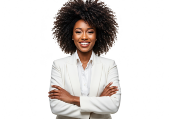 A smiling african american businesswoman in a white suit stands confidently with arms crossed, isolated on transparent background
