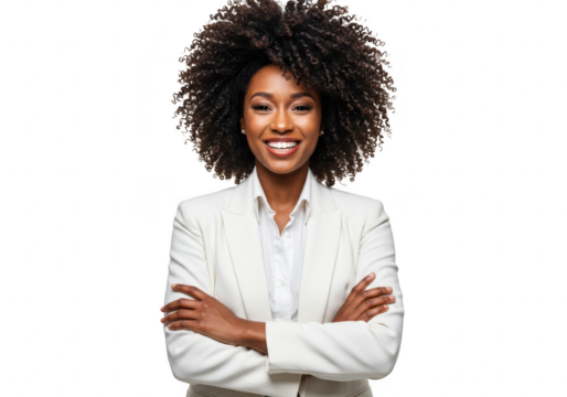 A smiling african american businesswoman in a white suit stands confidently with arms crossed, isolated on transparent background