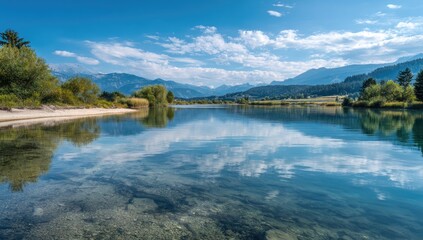 Fototapeta premium Calm river reflecting a vast, partly cloudy sky. Tranquil alpine scenery