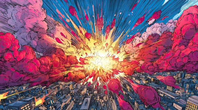 Cartoon explosion with radial burst, comic book style art, dynamic blast design, vibrant action scene, pop effect