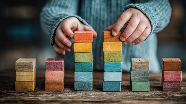 Child and adult hands building blocks, family connection, teamwork concept, educational activity, learning support