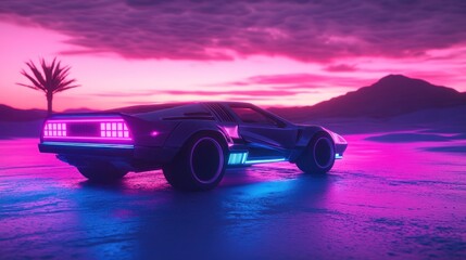 Retro futuristic car at sunset in desert.