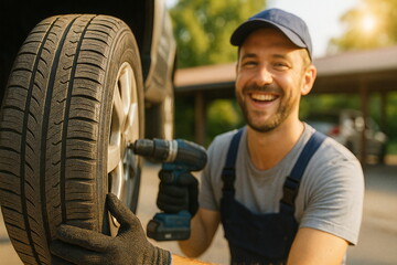 Mechanic performs tire change at auto shop during sunny afternoon, showcasing skills and friendly demeanor