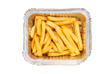 To Go container of crispy golden french fries isolated on white background