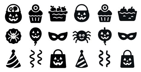 Halloween silhouette icons set – solid, spooky, holiday theme symbols