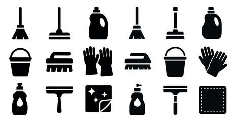Household cleaning solid icons set – silhouette, clean, hygiene symbols