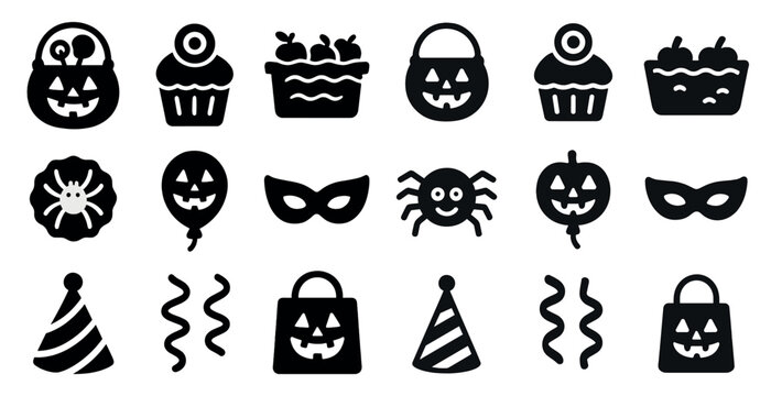 Halloween silhouette icons set – solid, spooky, holiday theme symbols
