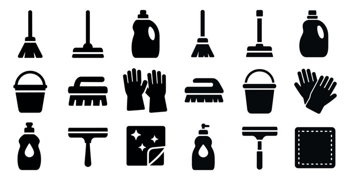 Household cleaning solid icons set – silhouette, clean, hygiene symbols