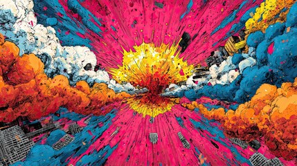 Comic book explosion graphic, vibrant action art, dynamic blast design, pop culture style, colorful impact scene