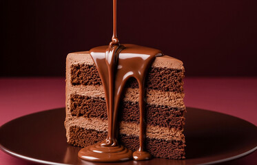 Obraz premium This slice of chocolate cake looks tempting with perfectly melted ganache poured generously on top. 