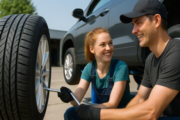 Young couple working together to change a tire on a car in an outdoor garage during a sunny day