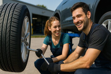 Tire change activity between two mechanics at an auto shop during daylight hours