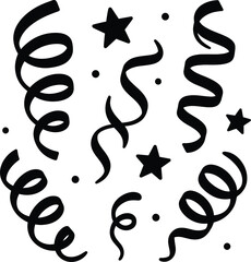 Confetti and Stars Icon Set - Black and White Vector Illustration for Party and Celebration