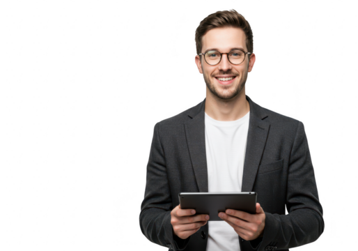 A young man with brown hair and glasses, wearing a suit jacket over a white tshirt and holding a tablet, is isolated on transparent background