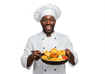 A cheerful african american chef holds a pan of food isolated on transparent background