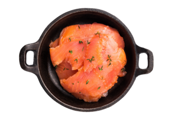 Salty salmon, trout fillet slices with herbs isolated on white background. top view