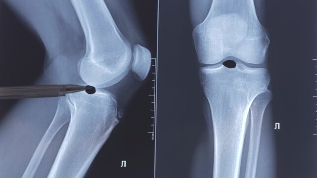 Doctor examining X-ray scan of knee joint. Exostosis on tibia. Cyst formation in the form of a Becker cyst.