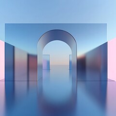 Futuristic Glass Archway in Minimal Abstract Environment with Soft Reflections and Pastel Lighting