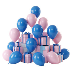 Gift boxes with balloons isolated on white or transparent background