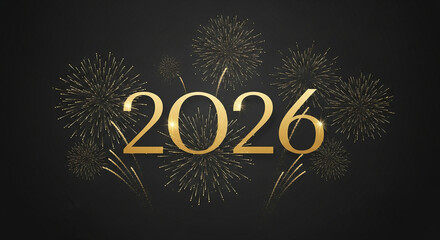 New Year 2026 Celebration: The golden numbers 2026 stand out amidst a mesmerizing display of celebratory fireworks, set against a elegant black background, symbolizing a new year's arrival. 