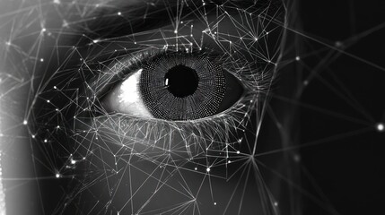 Close-up grayscale image of a human eye overlaid with a network of connecting lines and dots, symbolizing technology, connection, or surveillance.