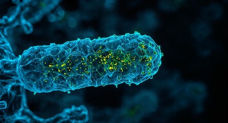 A microscopic view of a translucent blue cell with yellow particles on a dark blue background