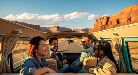 Friendship day group of friends enjoying a road trip in a vintage van with desert landscape in the background on a sunny day