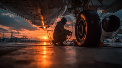 Aircraft mechanic servicing airplane wheel isolated on plain tarmac background at sunset, low angle ultra-detailed shot, professional color grading, aviation maintenance.