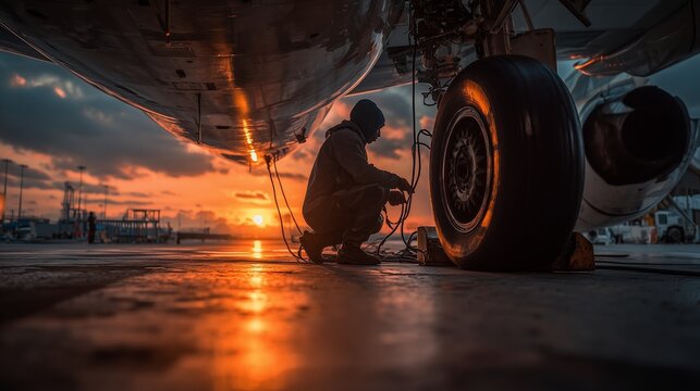 Aircraft mechanic servicing airplane wheel isolated on plain tarmac background at sunset, low angle ultra-detailed shot, professional color grading, aviation maintenance.