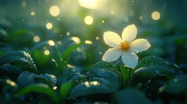 A single white flower blossoms after the rain, bathed in soft sunlight.
