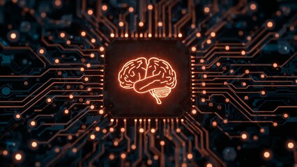 An artistic representation of Artificial Intelligence. A glowing brain icon on a complex circuit board symbolizes machine learning, data processing, and the core of modern technology.